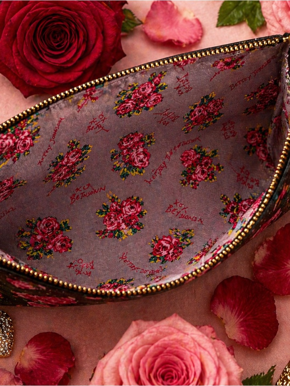 Betsey Johnson Black Wristlet Clutch with Pink Floral Print - Picture 2 of 7